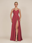 KissDress-Glenys Merlot A Line V Neck Long Bridesmaid Dress with Slit
