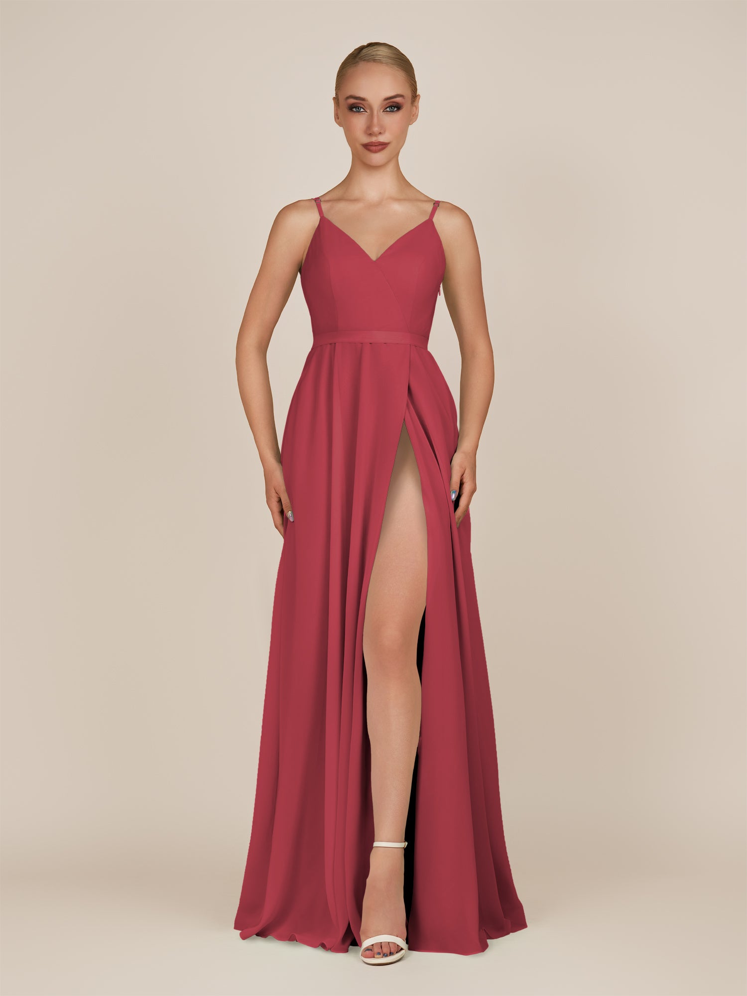 KissDress-Glenys Merlot A Line V Neck Long Bridesmaid Dress with Slit