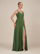 KissDress-Glenys Moss A Line V Neck Long Bridesmaid Dress with Slit