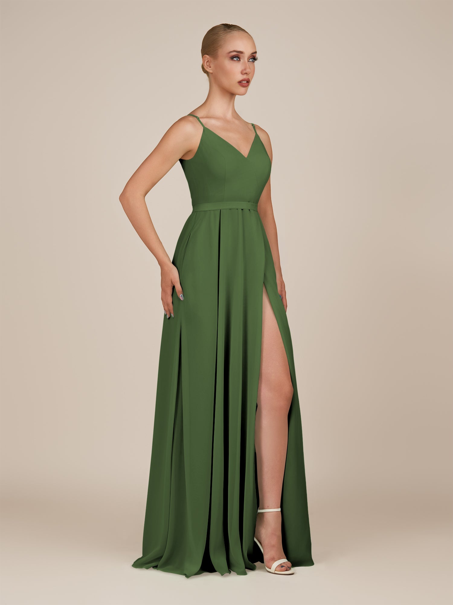 KissDress-Glenys Moss A Line V Neck Long Bridesmaid Dress with Slit