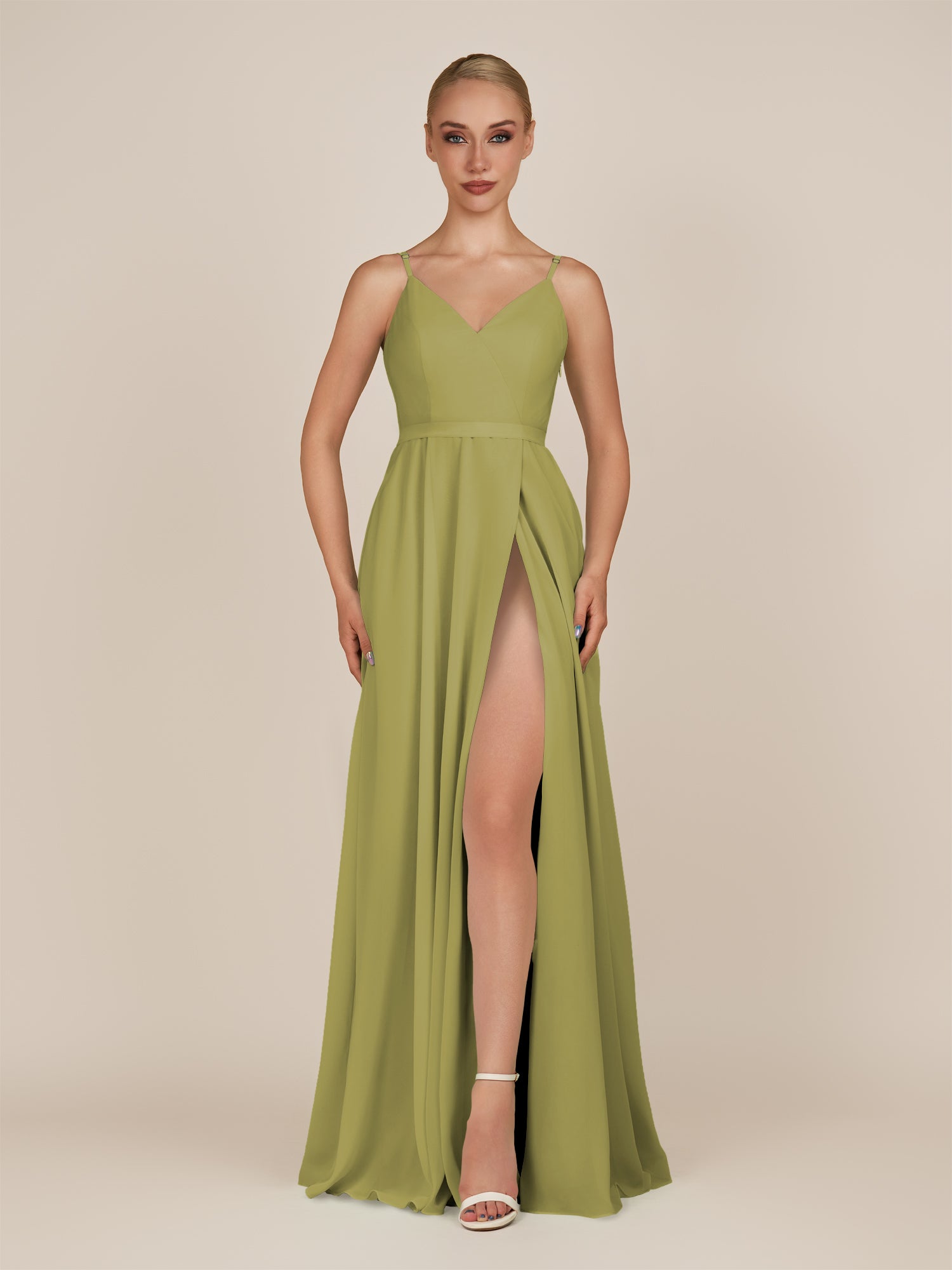 KissDress-Glenys Moss Green A Line V Neck Long Bridesmaid Dress with Slit