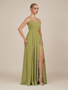 KissDress-Glenys Moss Green A Line V Neck Long Bridesmaid Dress with Slit