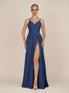 KissDress-Glenys Navy A Line V Neck Long Bridesmaid Dress with Slit