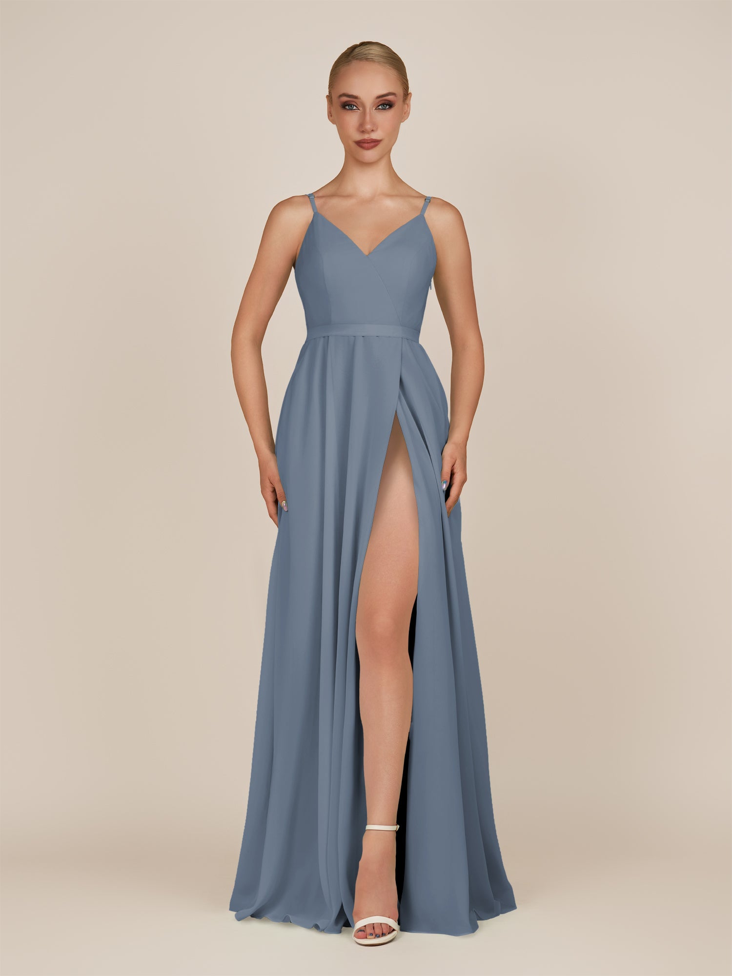 KissDress-Glenys Neptune A Line V Neck Long Bridesmaid Dress with Slit