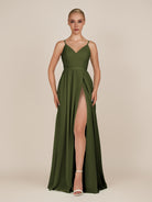KissDress-Glenys Olive A Line V Neck Long Bridesmaid Dress with Slit