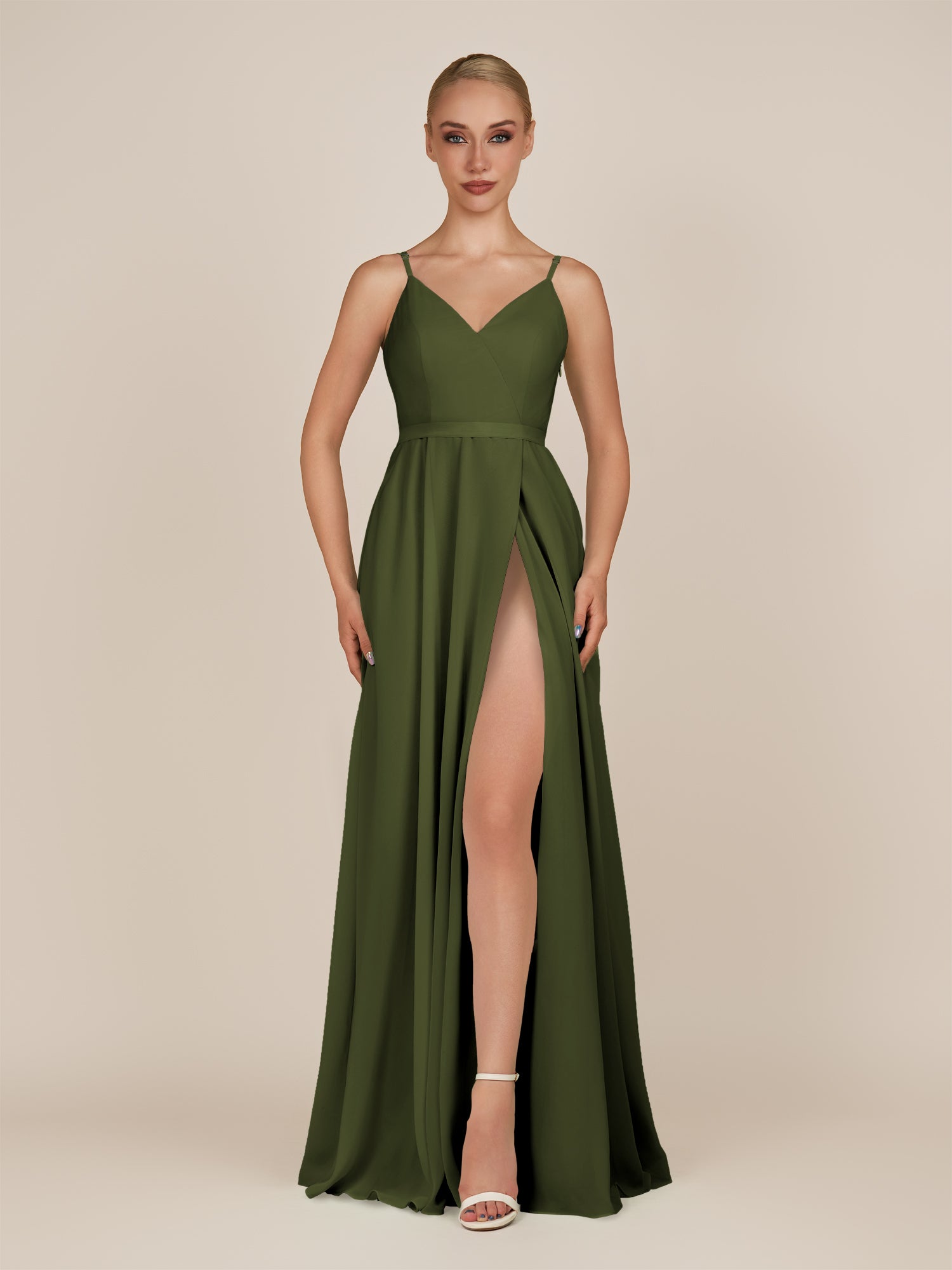 KissDress-Glenys Olive A Line V Neck Long Bridesmaid Dress with Slit