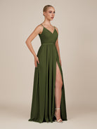 KissDress-Glenys Olive A Line V Neck Long Bridesmaid Dress with Slit