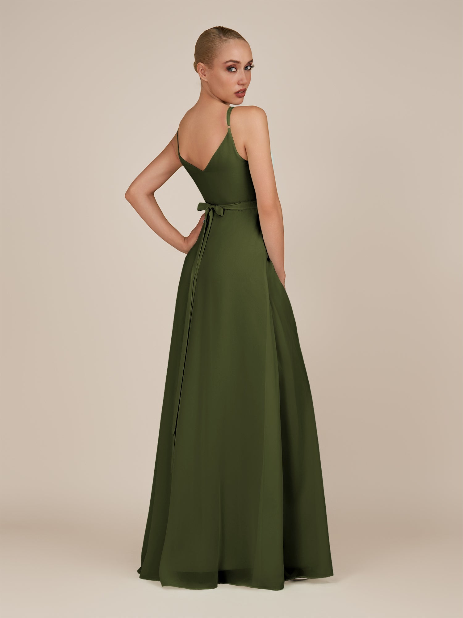KissDress-Glenys Olive A Line V Neck Long Bridesmaid Dress with Slit