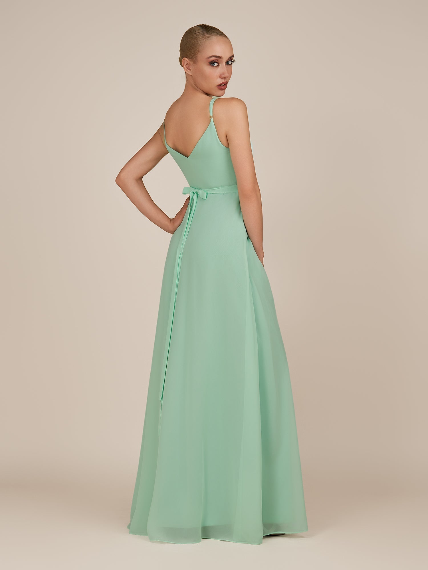KissDress-Glenys Pale Pistachio A Line V Neck Long Bridesmaid Dress with Slit