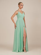 KissDress-Glenys Pale Pistachio A Line V Neck Long Bridesmaid Dress with Slit
