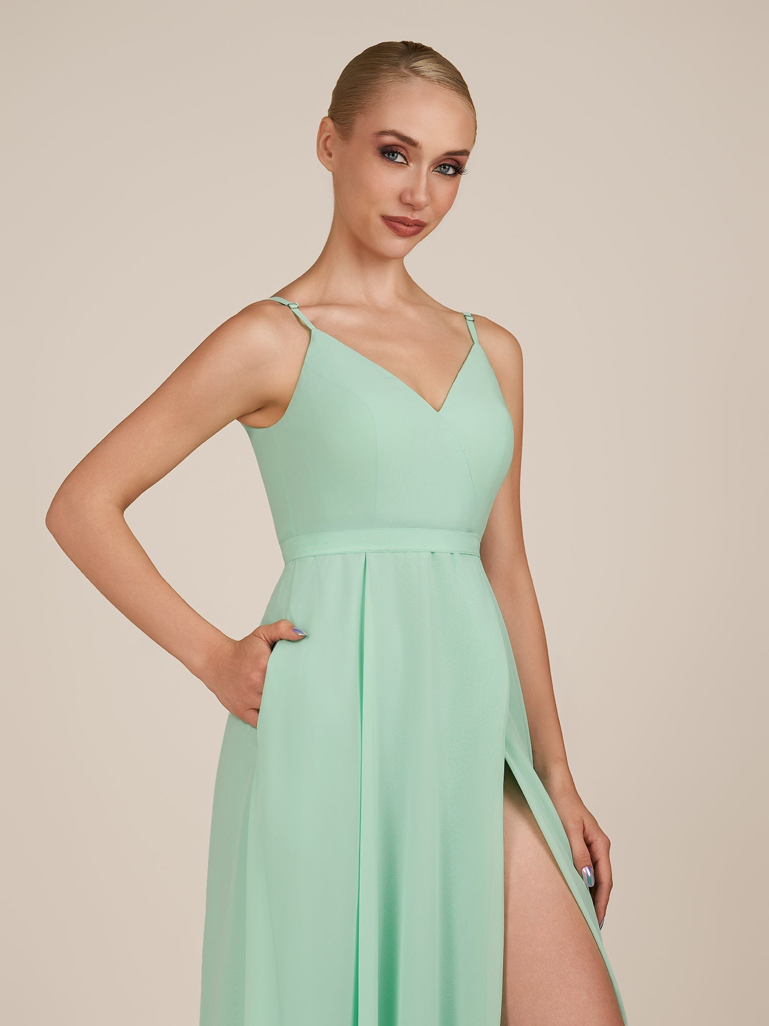 KissDress-Glenys Pale Pistachio A Line V Neck Long Bridesmaid Dress with Slit