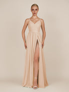 KissDress-Glenys Pale Blush A Line V Neck Long Bridesmaid Dress with Slit