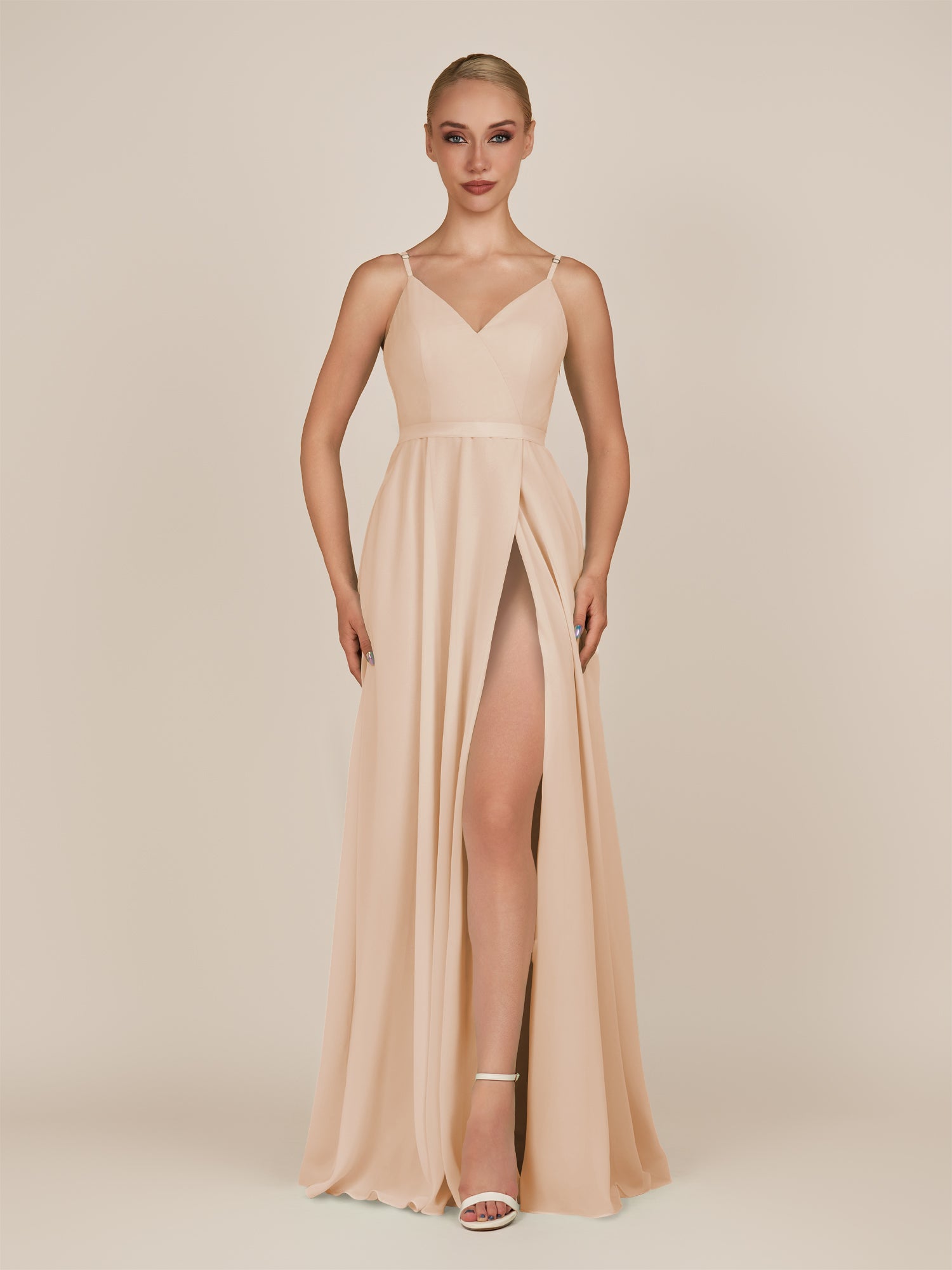 KissDress-Glenys Pale Blush A Line V Neck Long Bridesmaid Dress with Slit