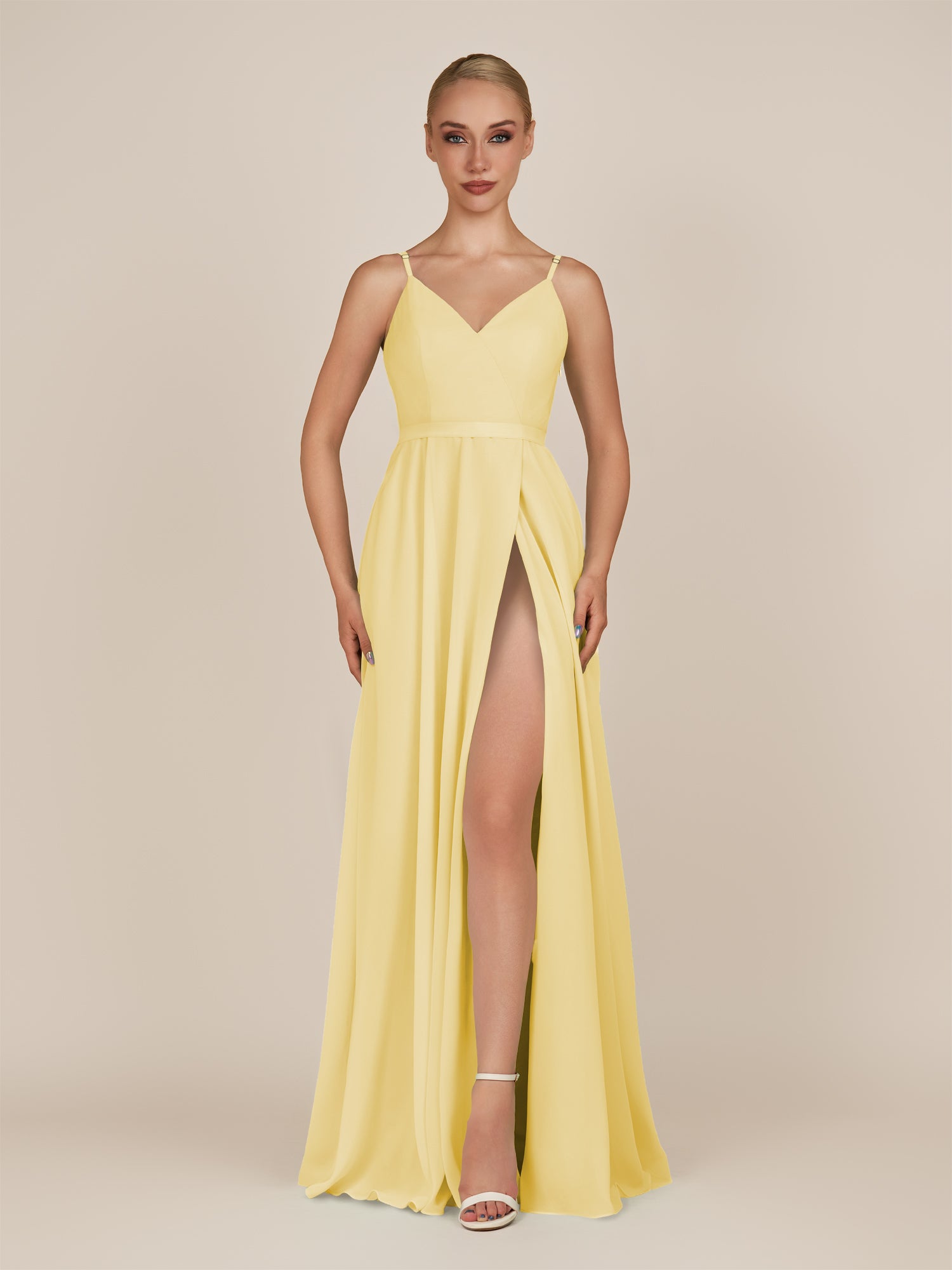 KissDress-Glenys Pastel Yellow A Line V Neck Long Bridesmaid Dress with Slit