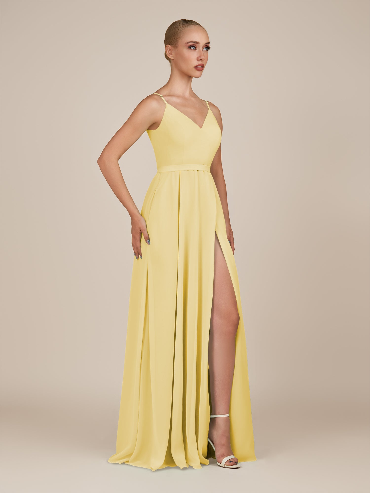 KissDress-Glenys Pastel Yellow A Line V Neck Long Bridesmaid Dress with Slit