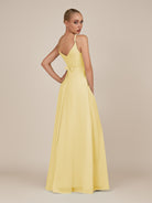 KissDress-Glenys Pastel Yellow A Line V Neck Long Bridesmaid Dress with Slit