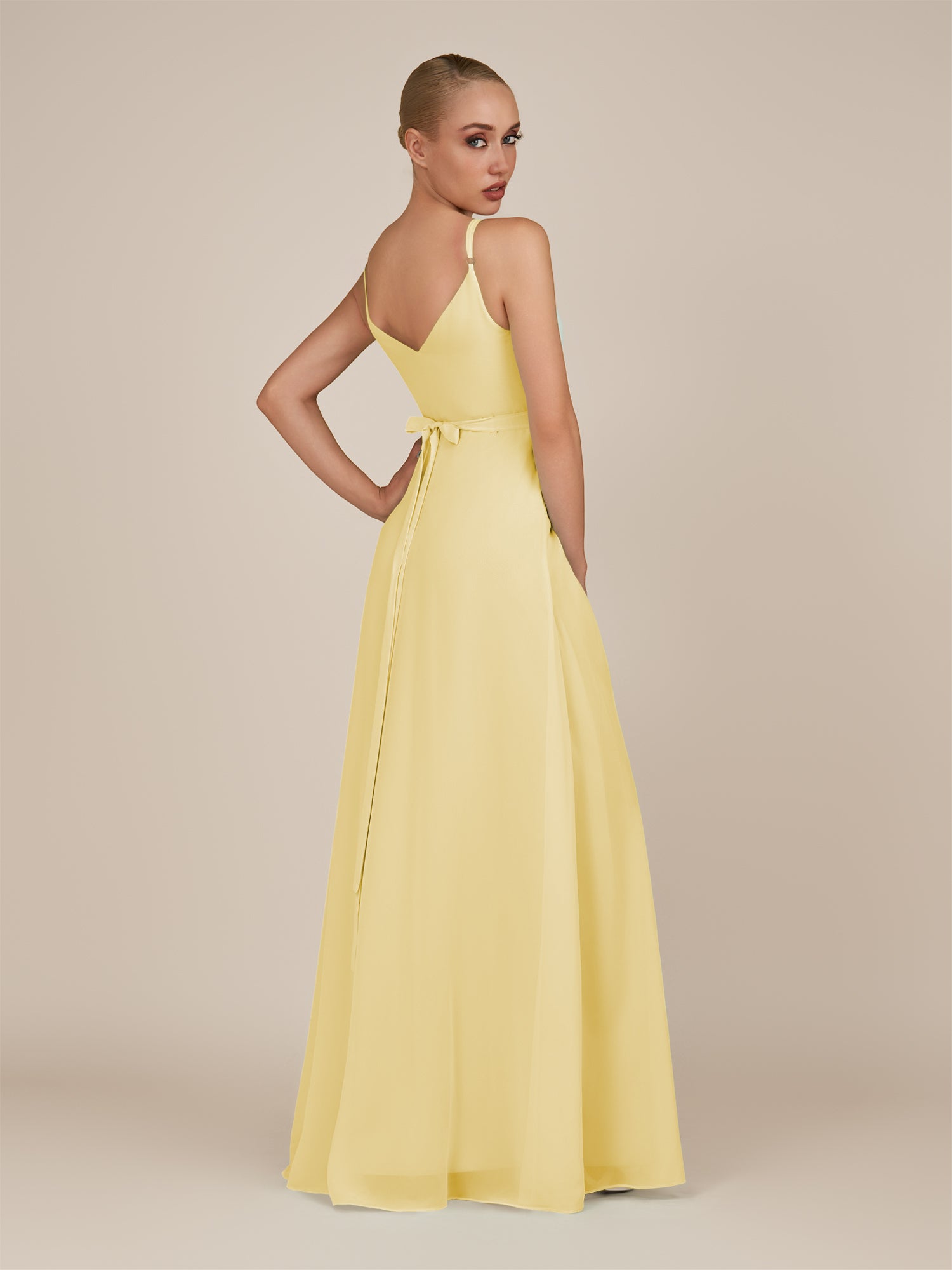 KissDress-Glenys Pastel Yellow A Line V Neck Long Bridesmaid Dress with Slit