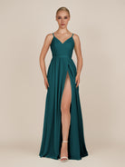 KissDress-Glenys Pine A Line V Neck Long Bridesmaid Dress with Slit