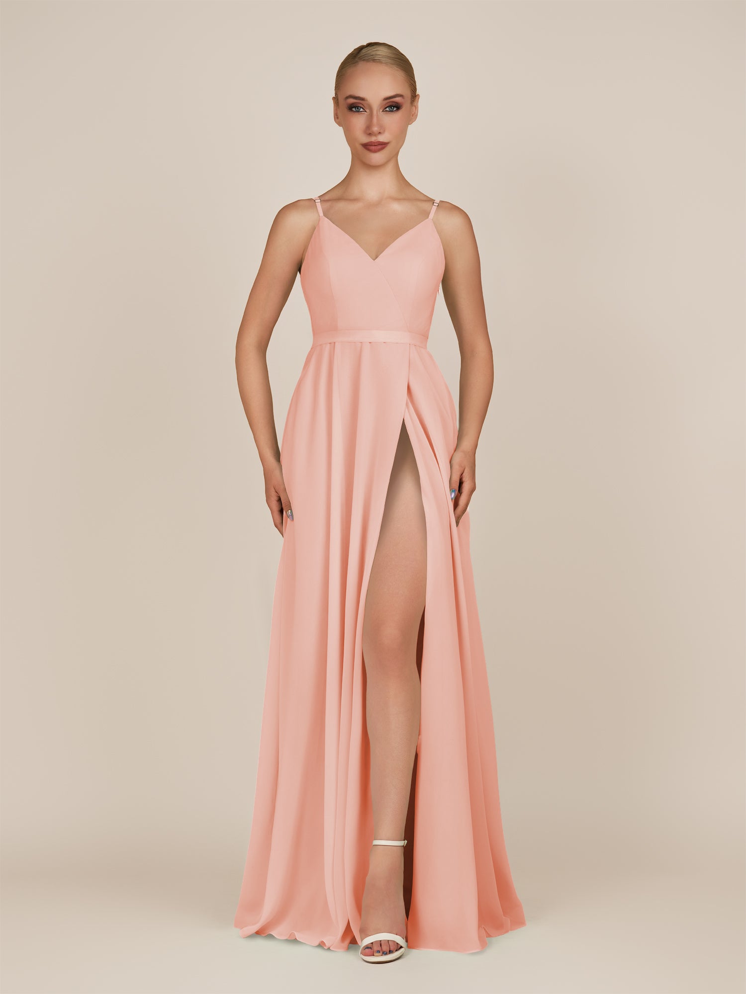 KissDress-Glenys Rose Petal A Line V Neck Long Bridesmaid Dress with Slit