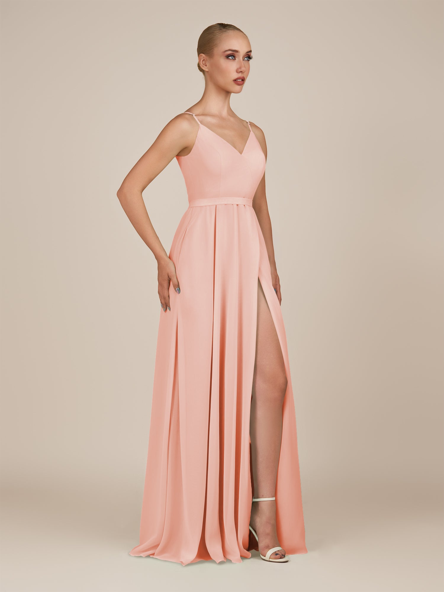 KissDress-Glenys Rose Petal A Line V Neck Long Bridesmaid Dress with Slit