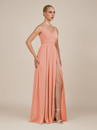 KissDress-Glenys Rosette A Line V Neck Long Bridesmaid Dress with Slit