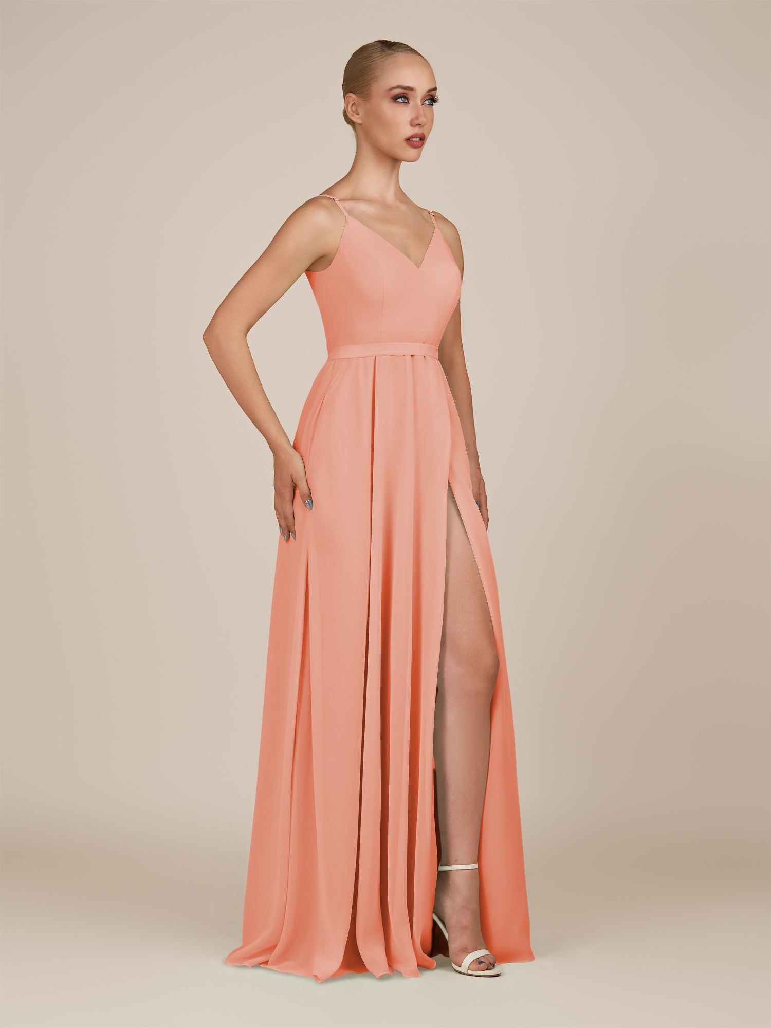KissDress-Glenys Rosette A Line V Neck Long Bridesmaid Dress with Slit