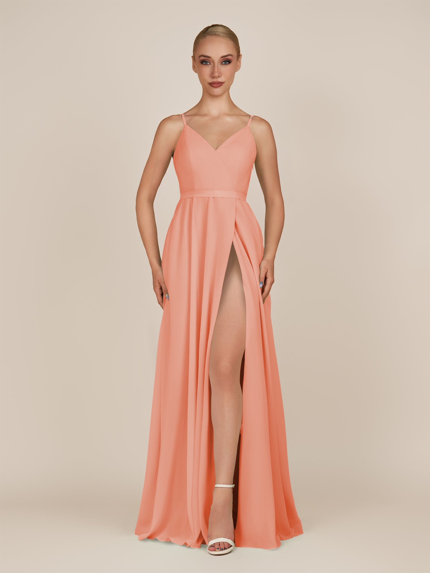 KissDress-Glenys Rosette A Line V Neck Long Bridesmaid Dress with Slit