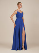KissDress-Glenys Royal Blue A Line V Neck Long Bridesmaid Dress with Slit