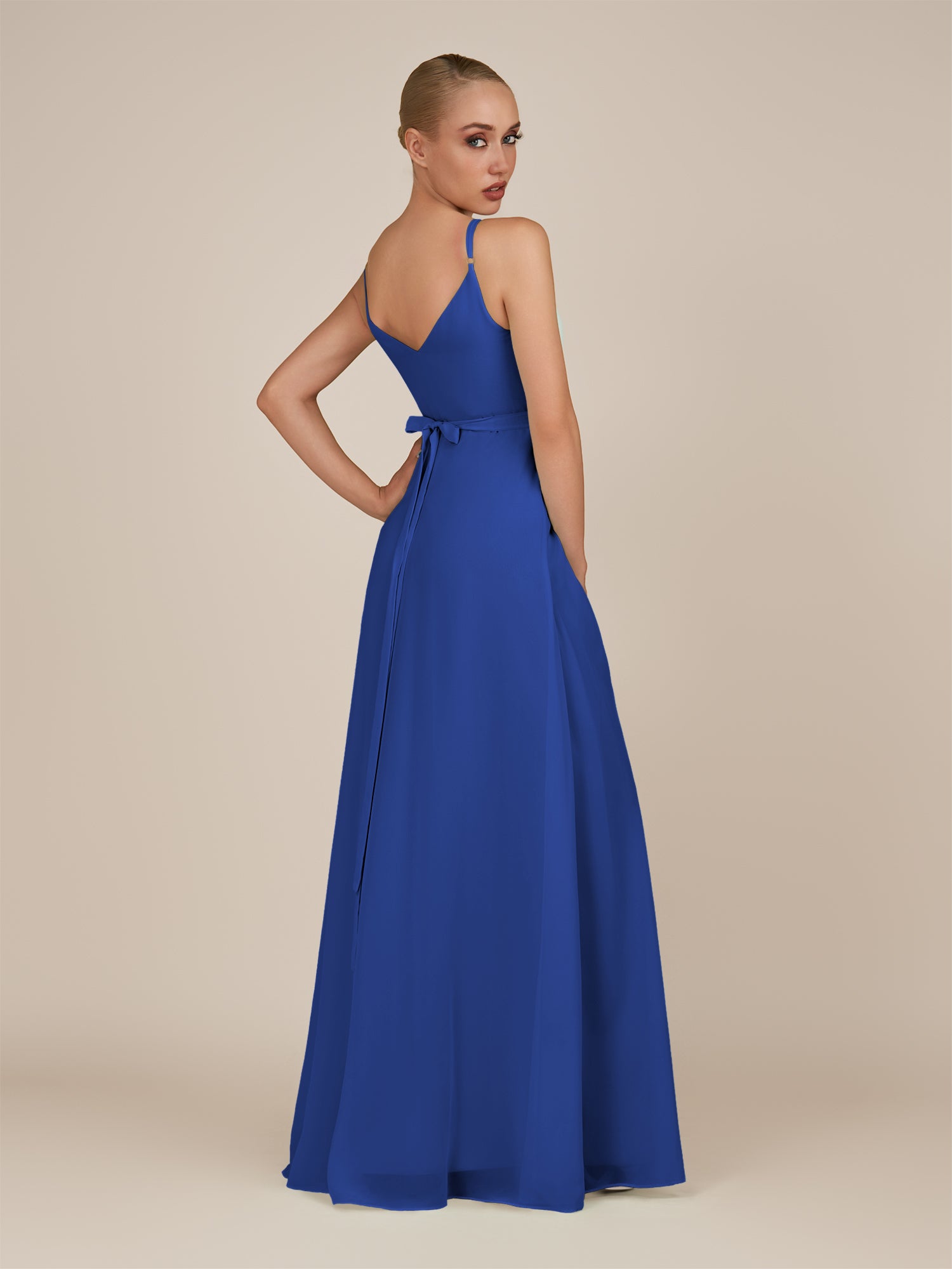 KissDress-Glenys Royal Blue A Line V Neck Long Bridesmaid Dress with Slit