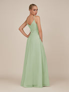 KissDress-Glenys Sage A Line V Neck Long Bridesmaid Dress with Slit