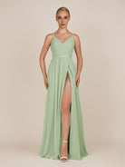 KissDress-Glenys Sage A Line V Neck Long Bridesmaid Dress with Slit