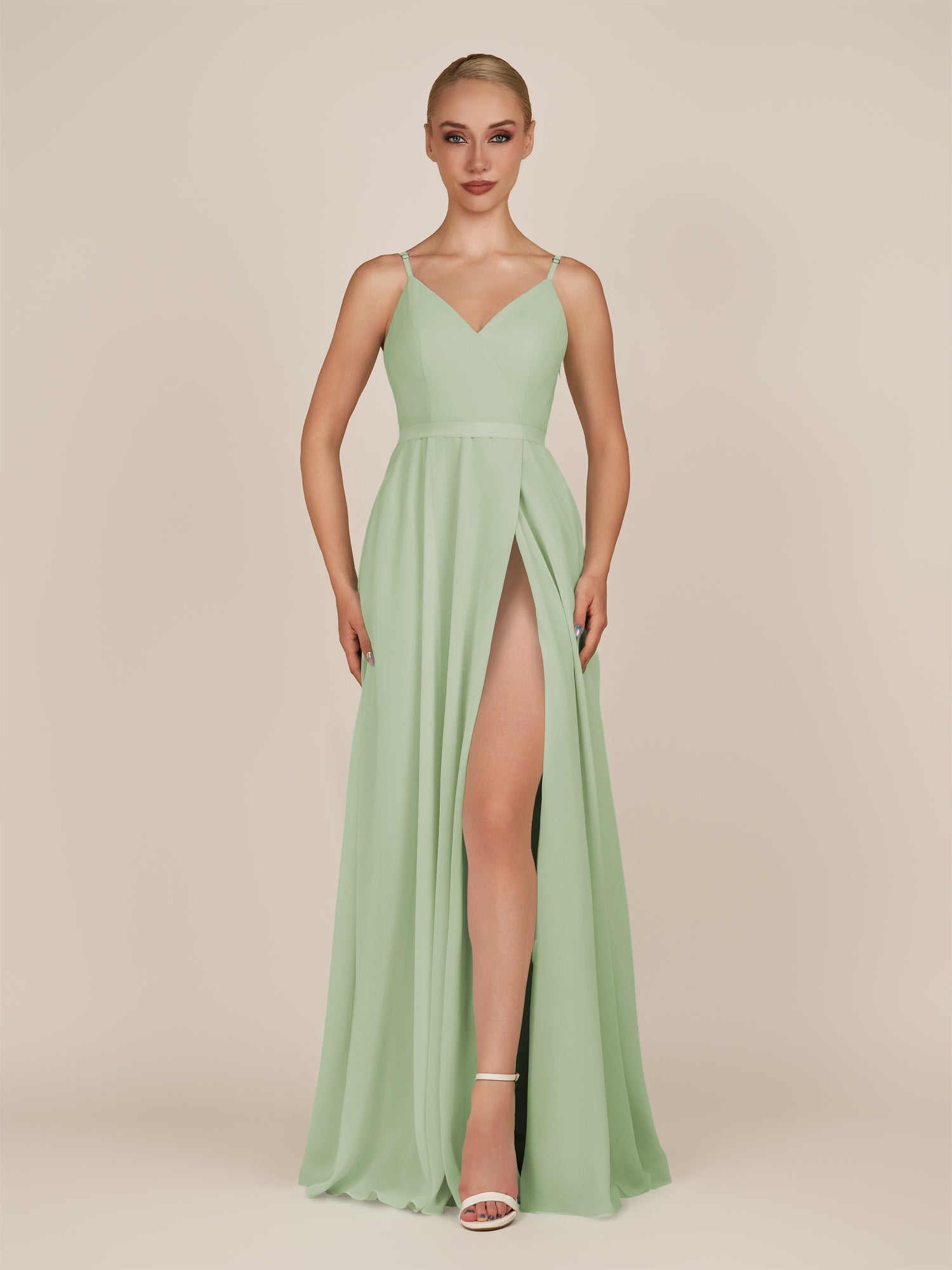 KissDress-Glenys Sage A Line V Neck Long Bridesmaid Dress with Slit