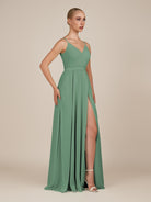 KissDress-Glenys Sea Glass A Line V Neck Long Bridesmaid Dress with Slit