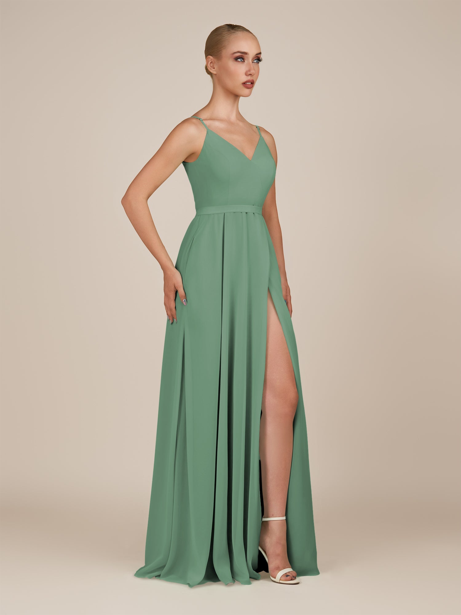 KissDress-Glenys Sea Glass A Line V Neck Long Bridesmaid Dress with Slit