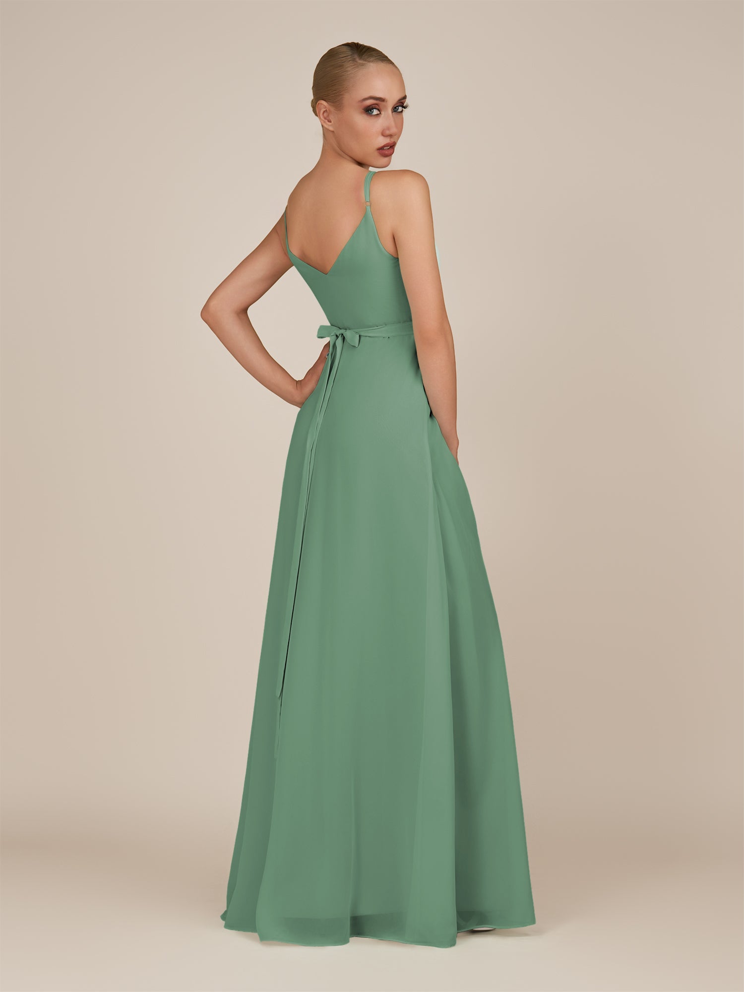 KissDress-Glenys Sea Glass A Line V Neck Long Bridesmaid Dress with Slit
