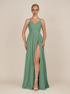 KissDress-Glenys Sea Glass A Line V Neck Long Bridesmaid Dress with Slit