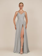 KissDress-Glenys Silver A Line V Neck Long Bridesmaid Dress with Slit