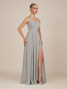 KissDress-Glenys Silver A Line V Neck Long Bridesmaid Dress with Slit