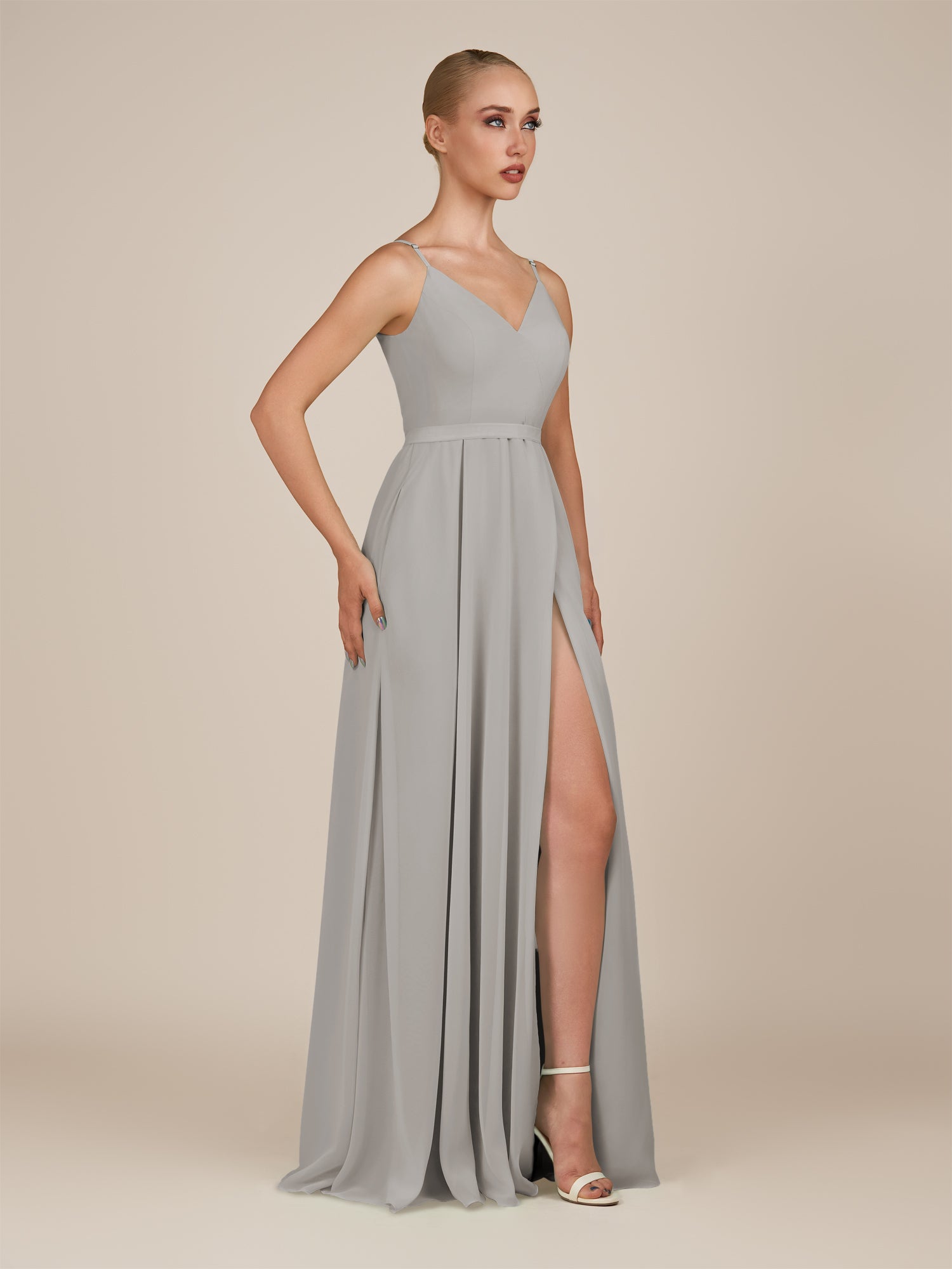 KissDress-Glenys Silver A Line V Neck Long Bridesmaid Dress with Slit