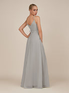 KissDress-Glenys Silver A Line V Neck Long Bridesmaid Dress with Slit