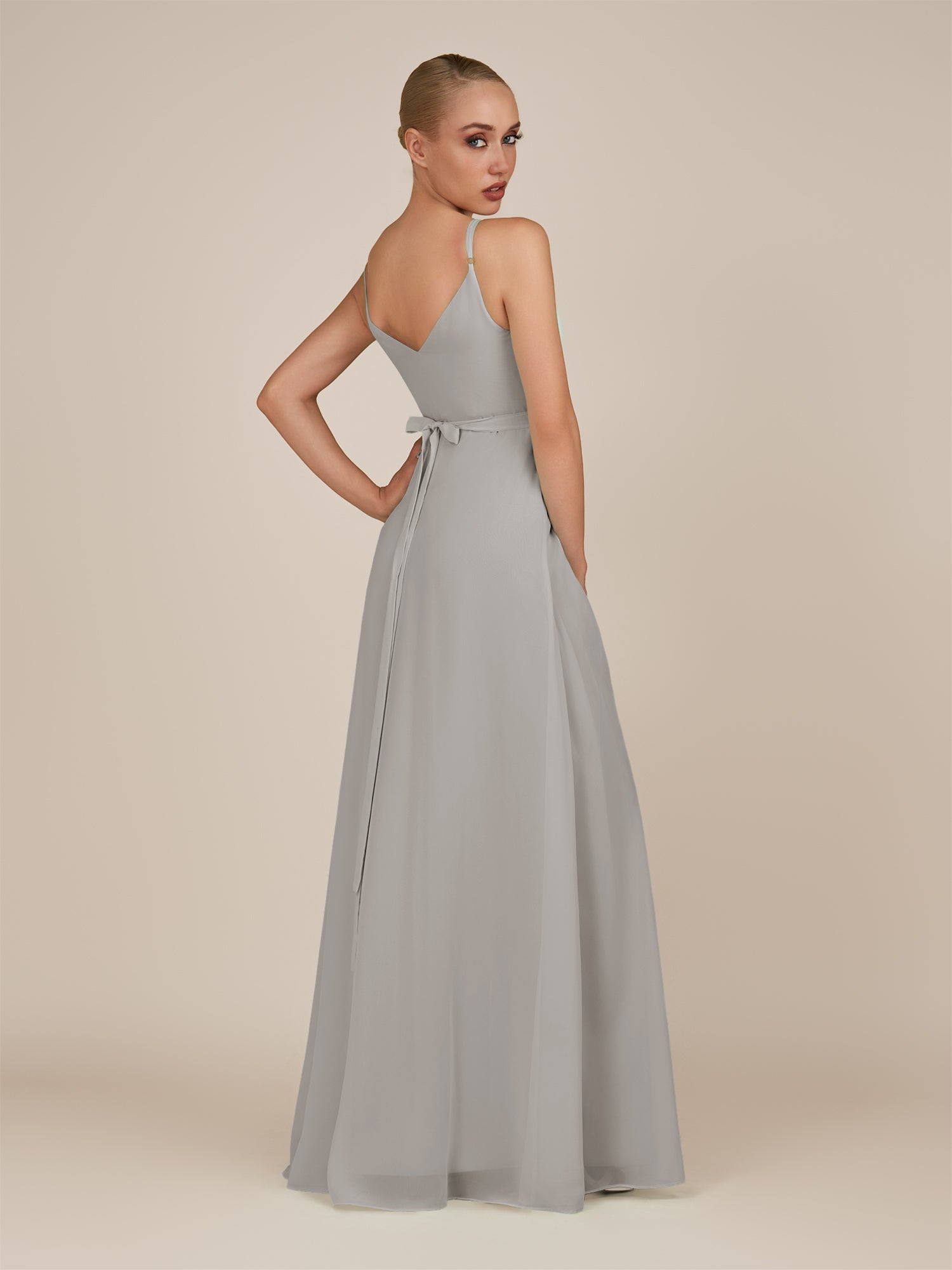 KissDress-Glenys Silver A Line V Neck Long Bridesmaid Dress with Slit