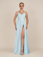 KissDress-Glenys Sky Blue A Line V Neck Long Bridesmaid Dress with Slit