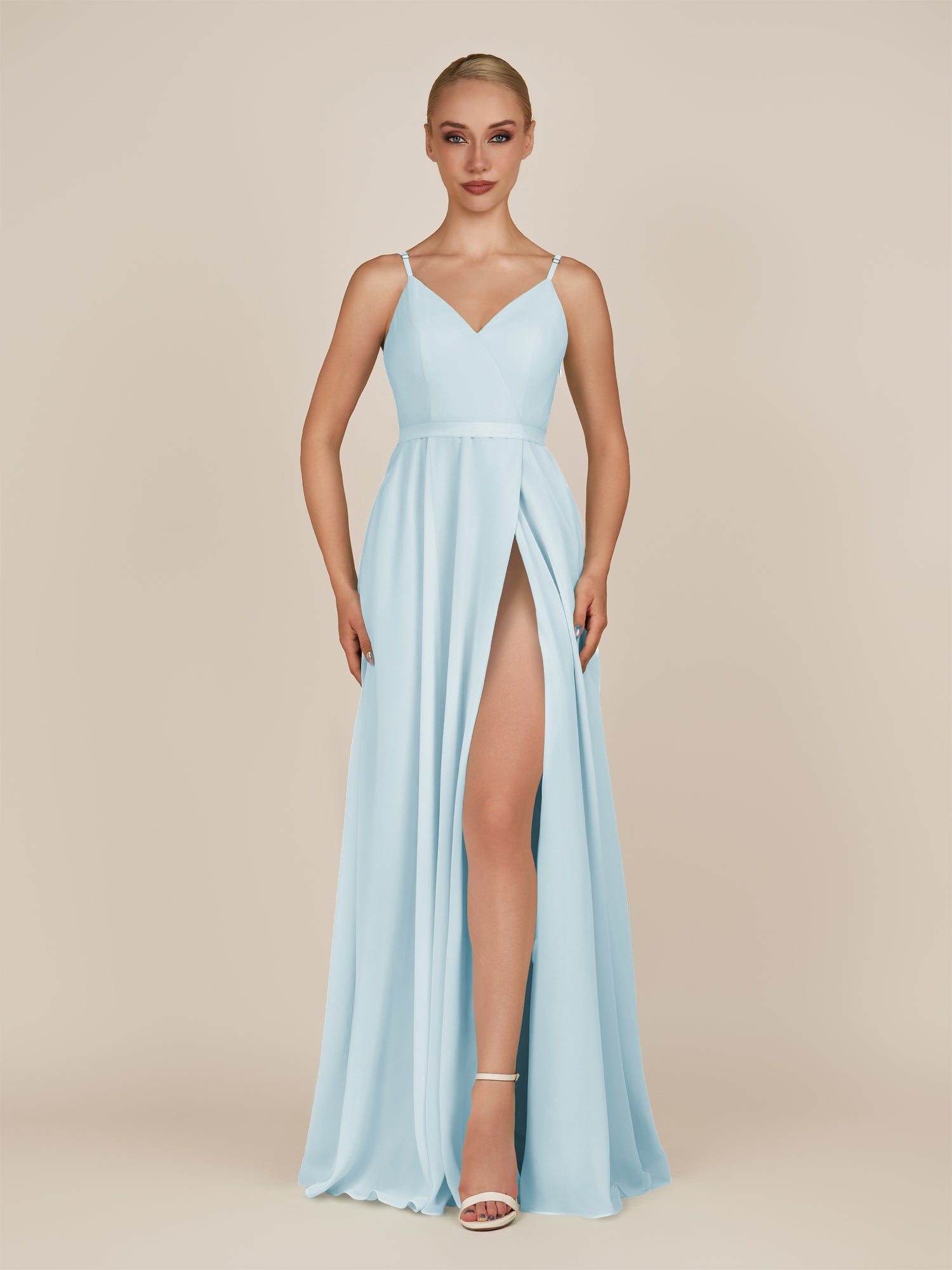 KissDress-Glenys Sky Blue A Line V Neck Long Bridesmaid Dress with Slit