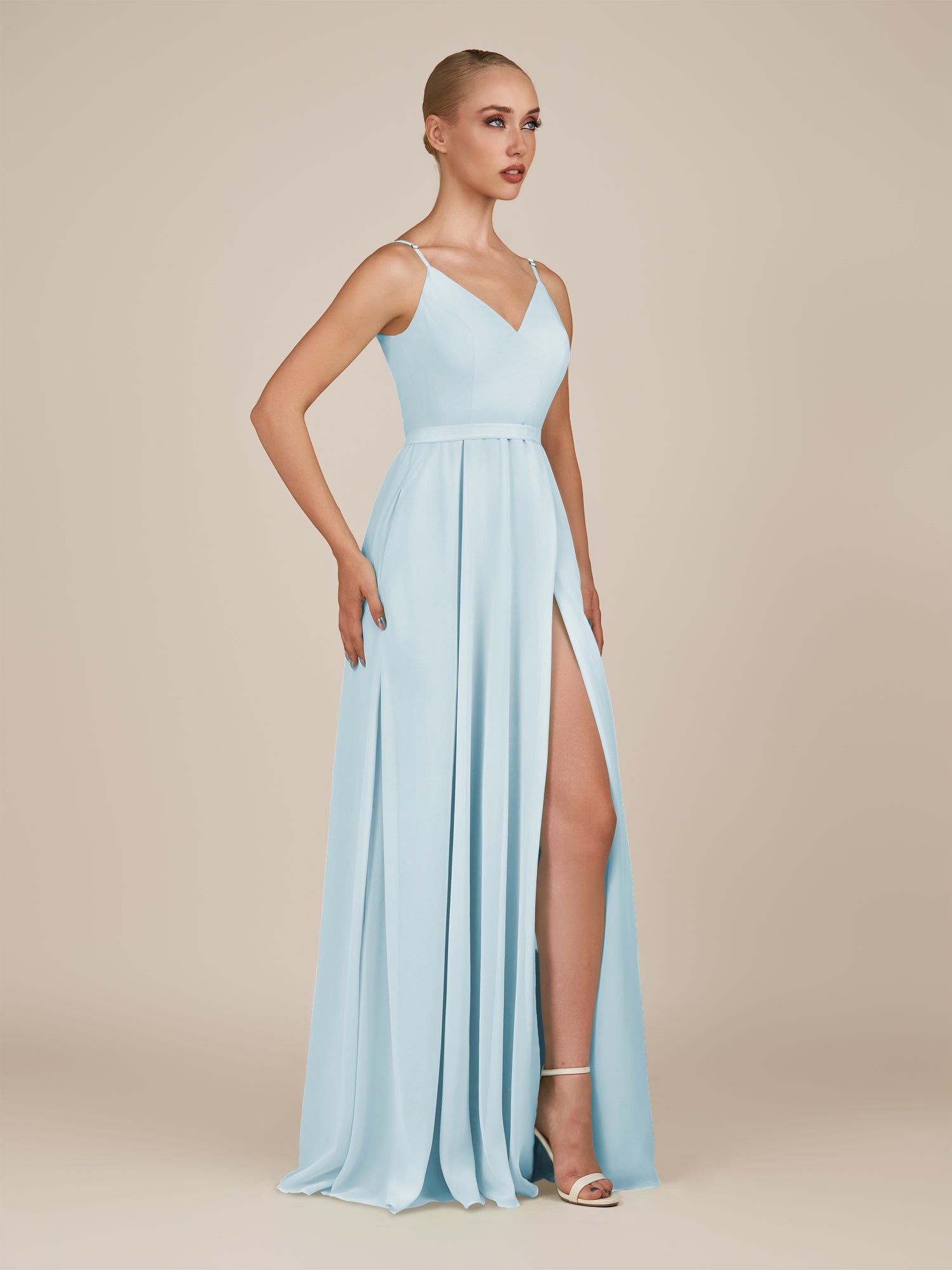 KissDress-Glenys Sky Blue A Line V Neck Long Bridesmaid Dress with Slit