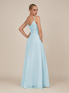 KissDress-Glenys Sky Blue A Line V Neck Long Bridesmaid Dress with Slit