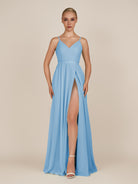 KissDress-Glenys Steel Blue A Line V Neck Long Bridesmaid Dress with Slit