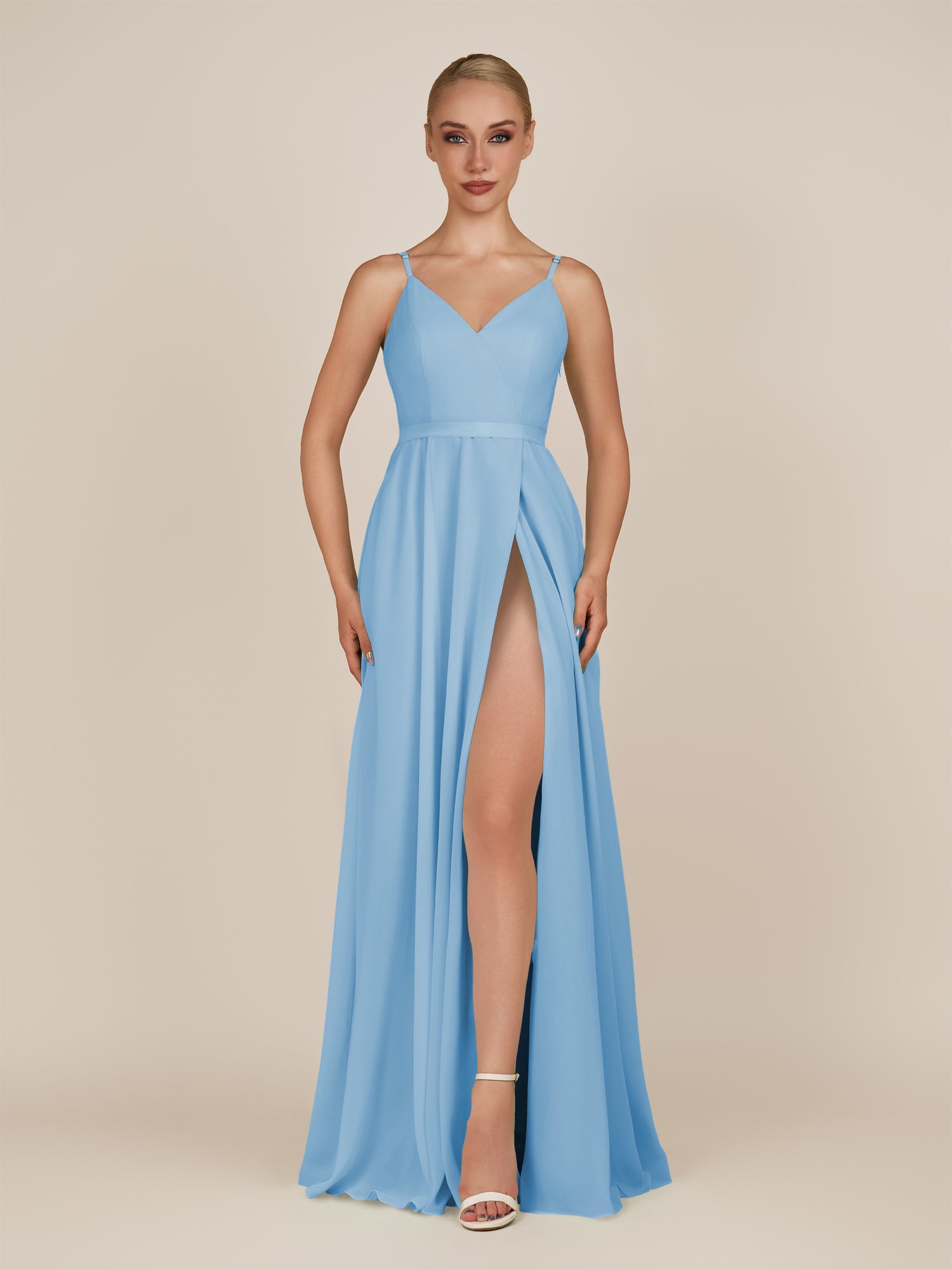 KissDress-Glenys Steel Blue A Line V Neck Long Bridesmaid Dress with Slit