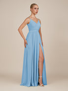 KissDress-Glenys Steel Blue A Line V Neck Long Bridesmaid Dress with Slit