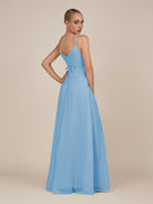 KissDress-Glenys Steel Blue A Line V Neck Long Bridesmaid Dress with Slit