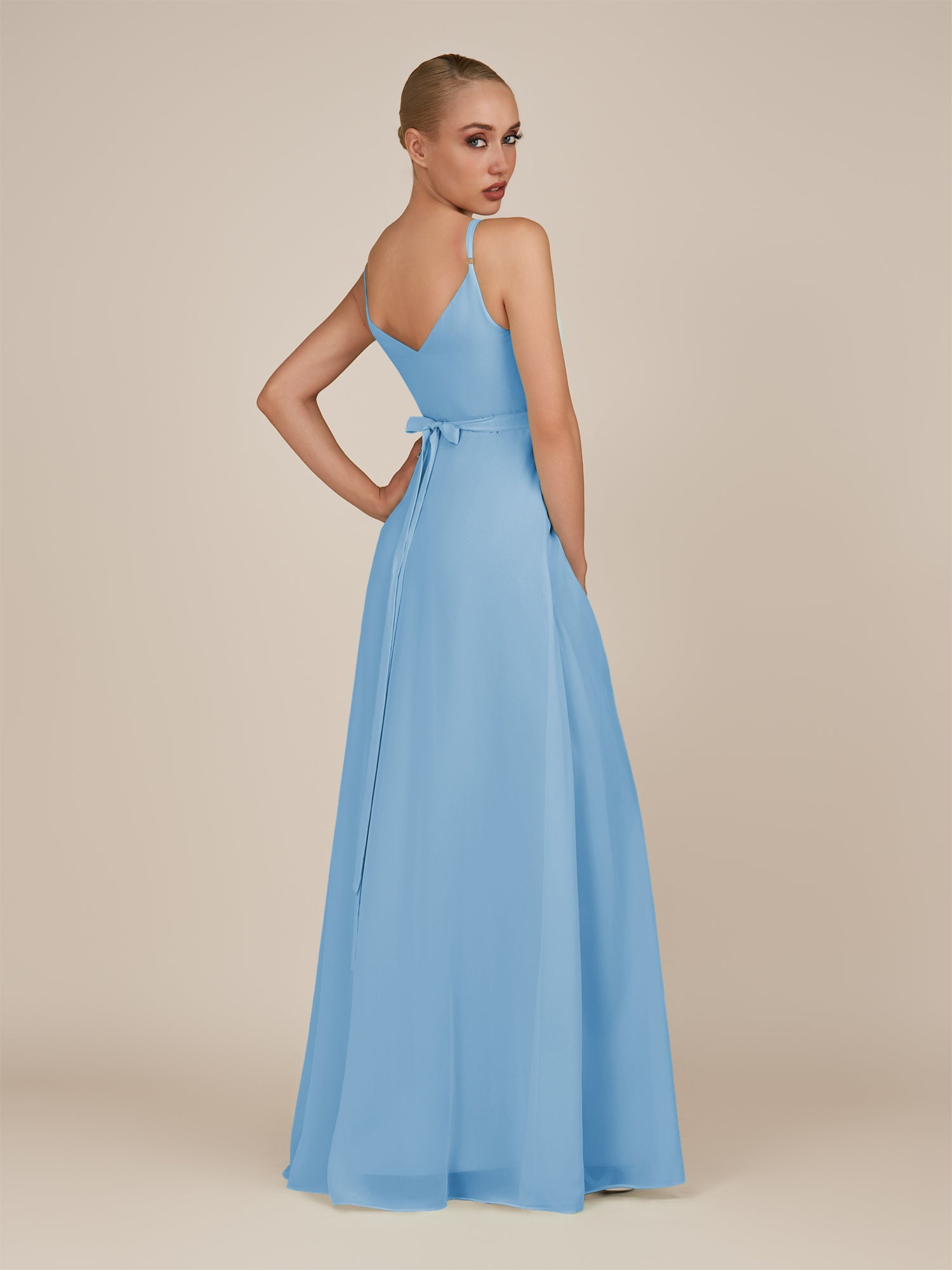 KissDress-Glenys Steel Blue A Line V Neck Long Bridesmaid Dress with Slit